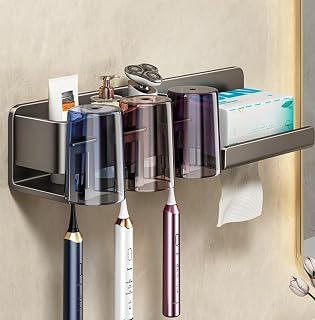カップ3個付き壁掛け歯ブラシホルダーをチェック｜洗面台を浮かせてまとめる収納